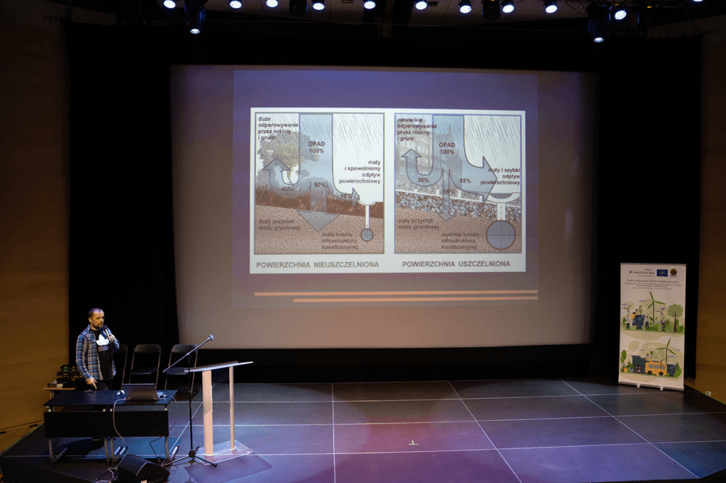 Zdjęcie eksperta AerisFuturo prowadzącego wykład na dużej sali.